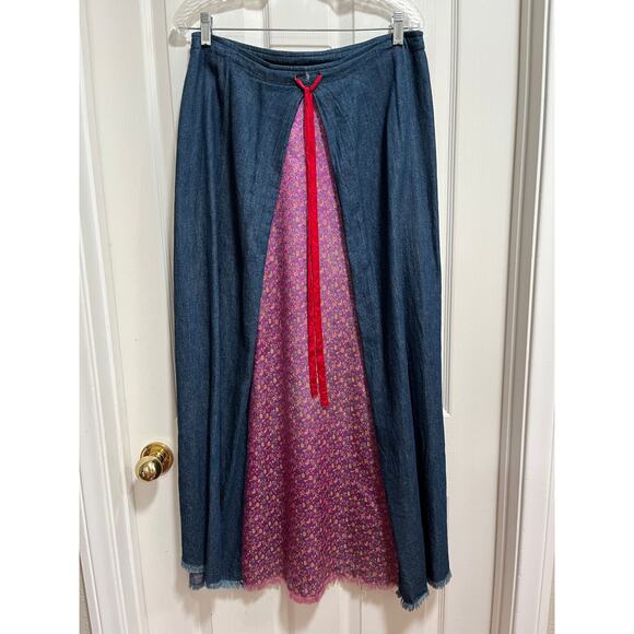 Free People Denim Jean Long Maxi Skirt Boho Floral Patchwork Modest Country L - Picture 1 of 7